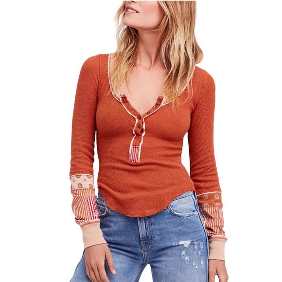 Free People We The Free Orange Railroad Mixed Print Henley Top - Picture 1 of 9